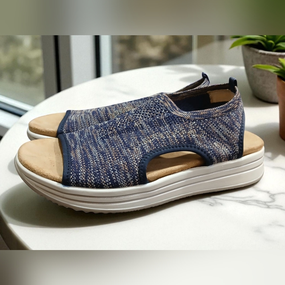 Admonte Soft Stretch Knit Blue Beige Peep Toe Sling Back Sandals Womans 10
